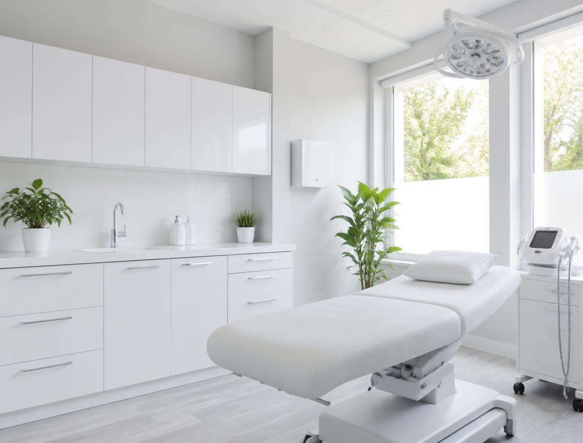 Bright, orderly clinic reception with clean surfaces