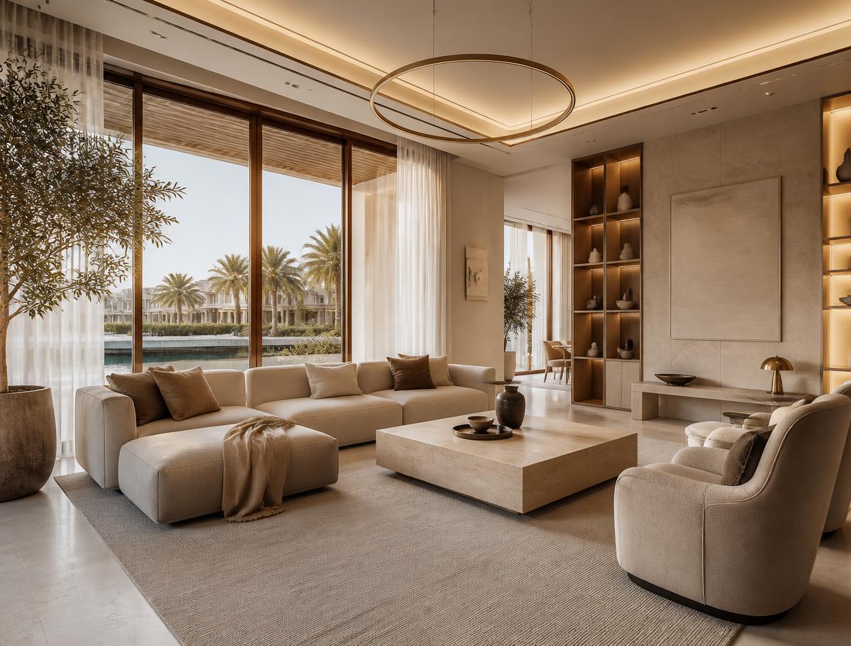 Upholstered seating and rug in a calm premium interior