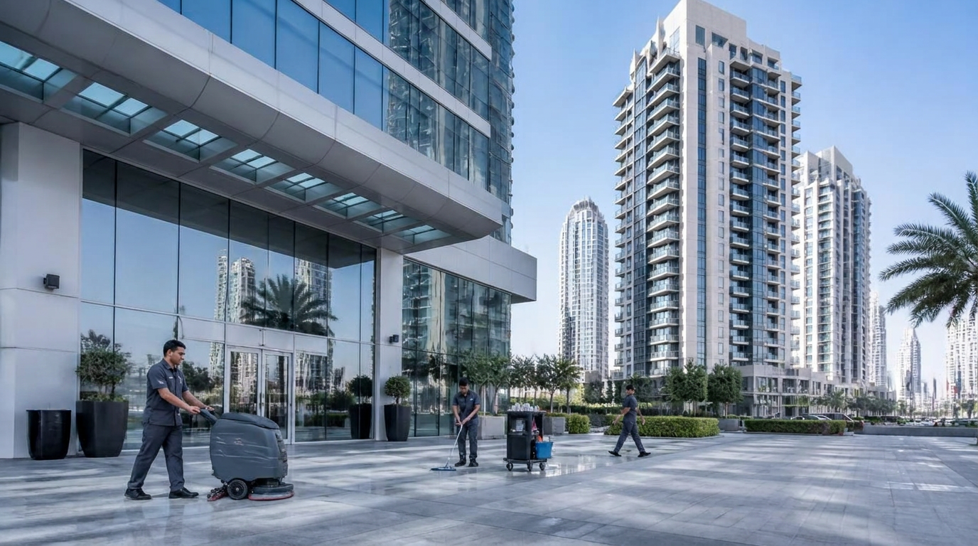 Facilities team cleaning the plaza of a modern Dubai mixed-use development