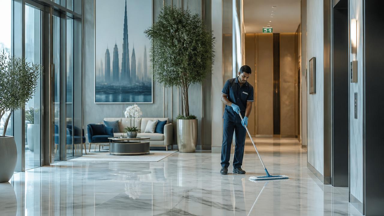 Cleaner mopping a premium Dubai residential tower lobby