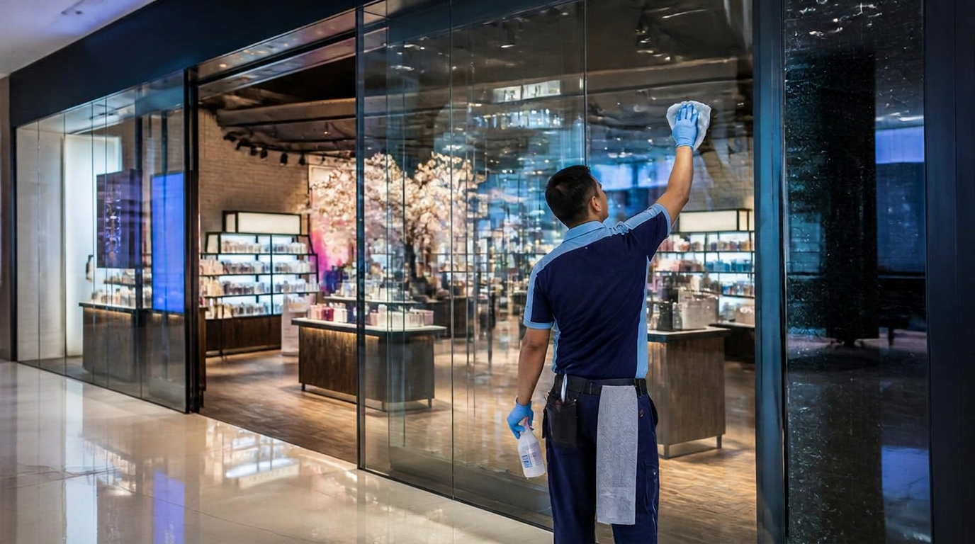Cleaner polishing the glass storefront of a Dubai retail shop