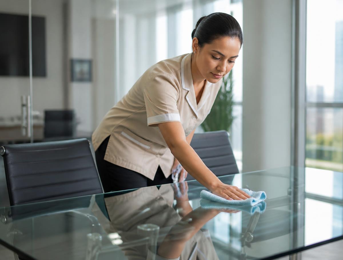 Cleaning team member preparing equipment in a modern building